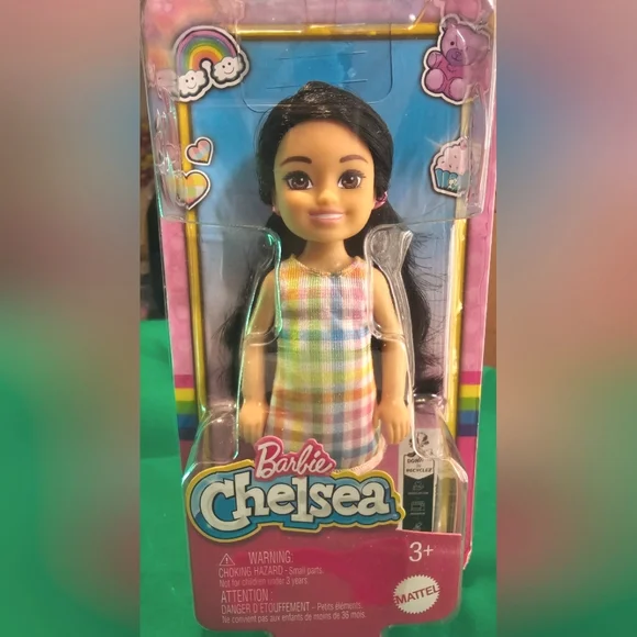 Barbie Chelsea Doll BNIB Dark Hair Brown Eyes Pastel Plaid Dress - Picture 1 of 4